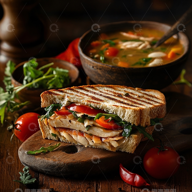 高清大图下载【趣麦麦图】罗勒番茄牛肉酱帕尼尼