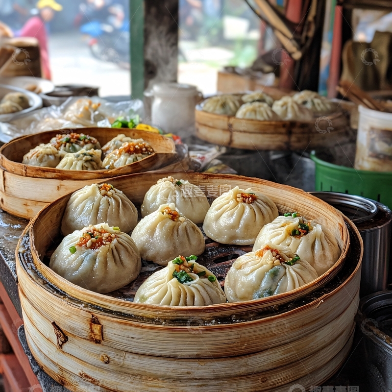 高清大图下载【趣麦麦图】美食街小笼包1
