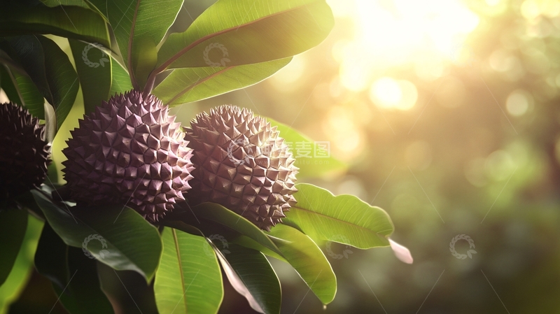 高清大图下载【趣麦麦图】-榴莲果实绿叶背景
