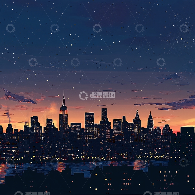 高清大图下载【趣麦麦图】不夜城城市剪影插画1