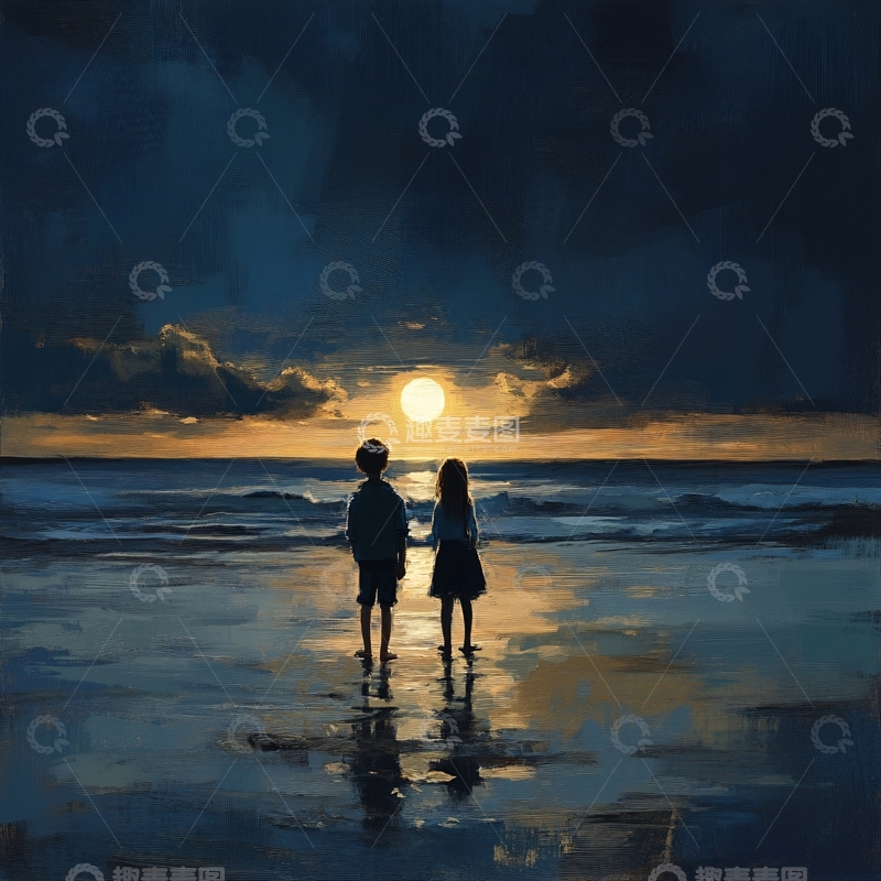 高清大图下载【趣麦麦图】手绘看海的情侣插画1