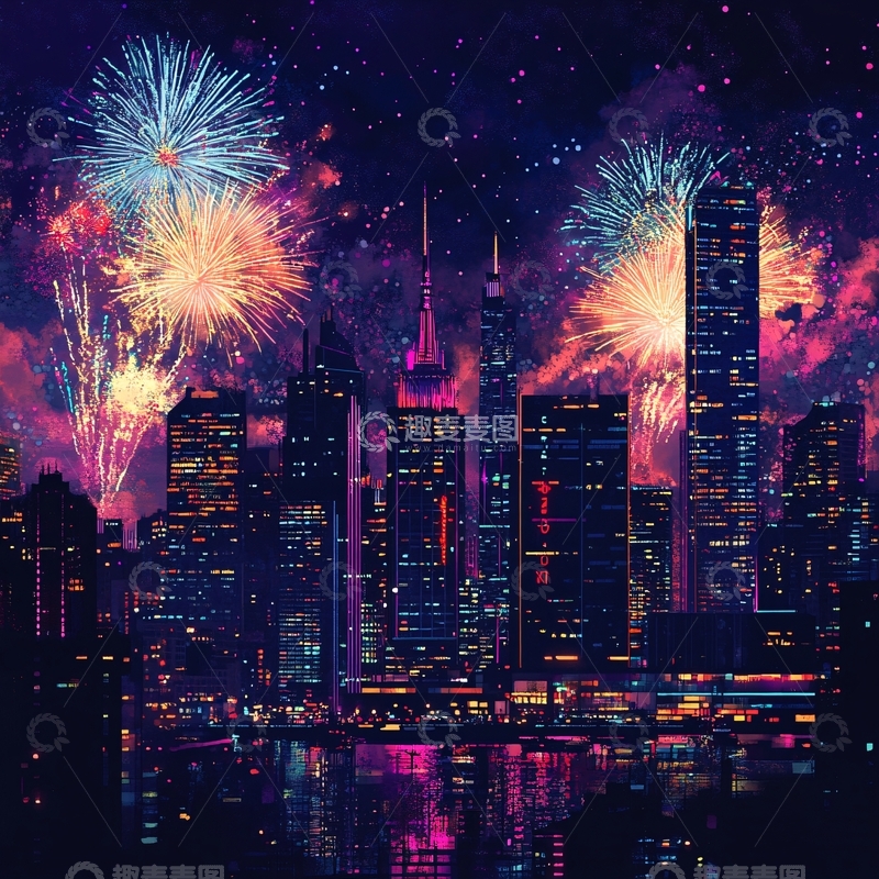 高清大图下载【趣麦麦图】蓝紫色烟花建筑背景