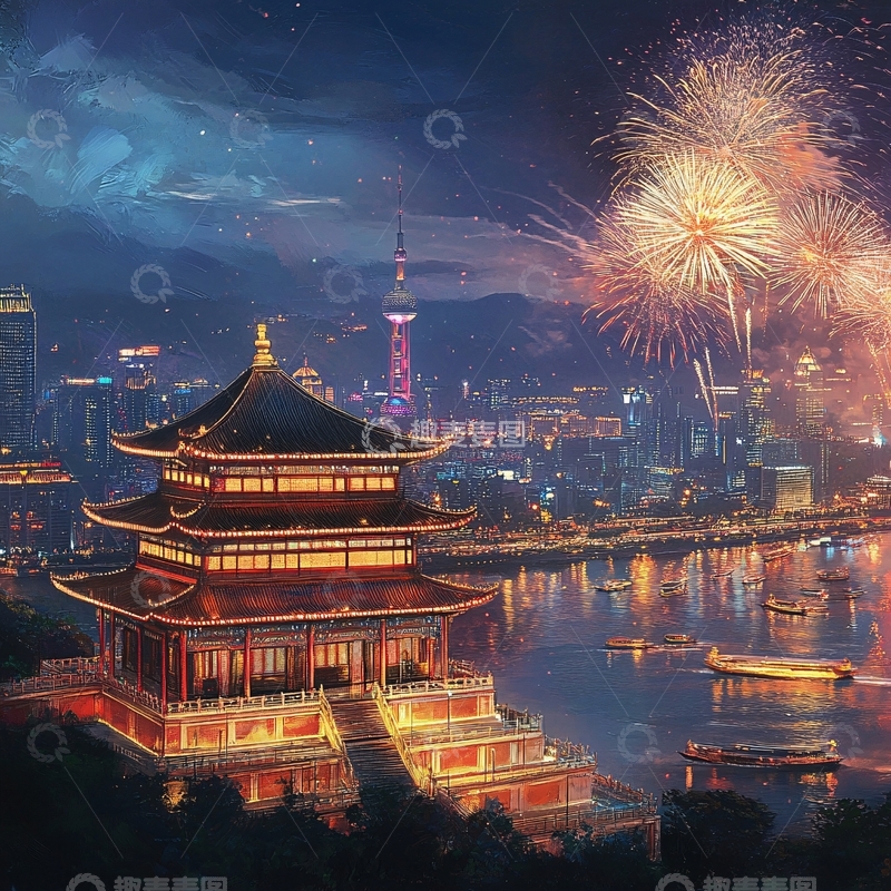 高清大图下载【趣麦麦图】滕王阁插画