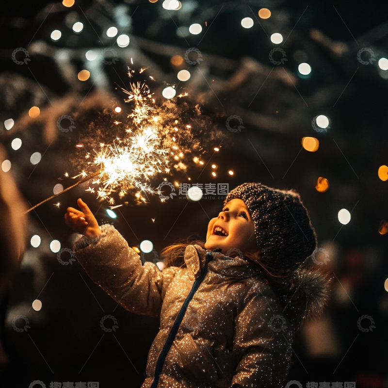 高清大图下载【趣麦麦图】放烟花的小女孩