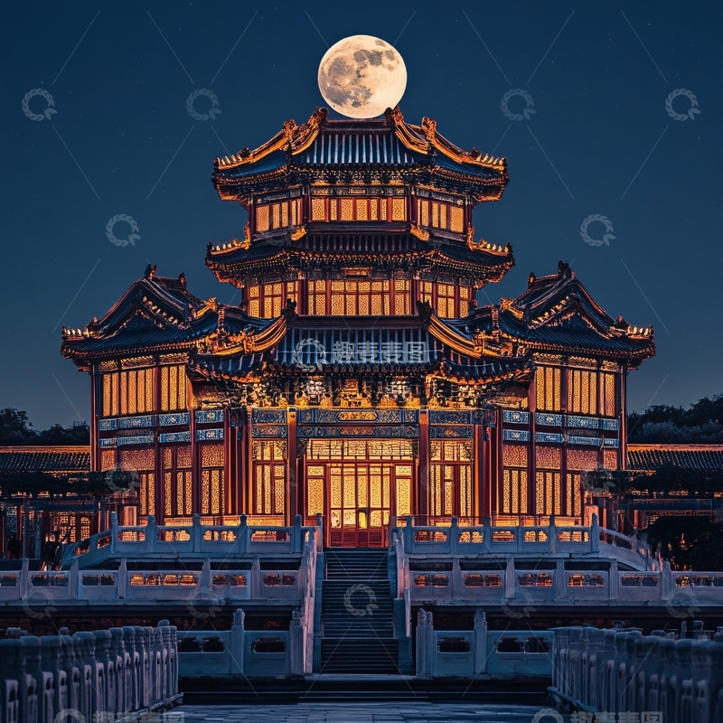 高清大图下载【趣麦麦图】宫殿夜色月空