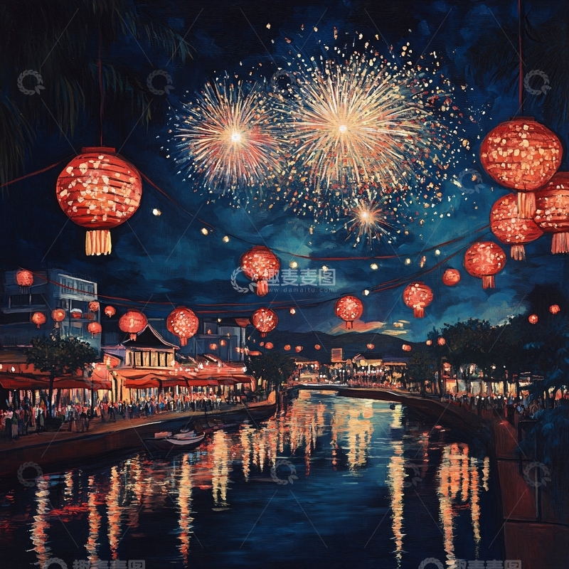 高清大图下载【趣麦麦图】街灯河畔烟花夜