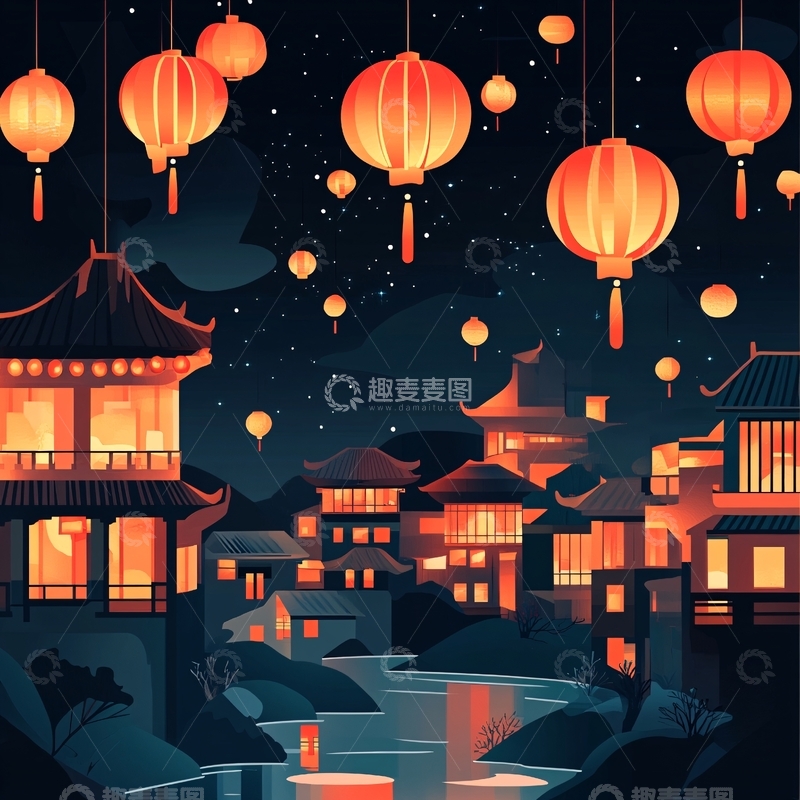 高清大图下载【趣麦麦图】-花灯节插画