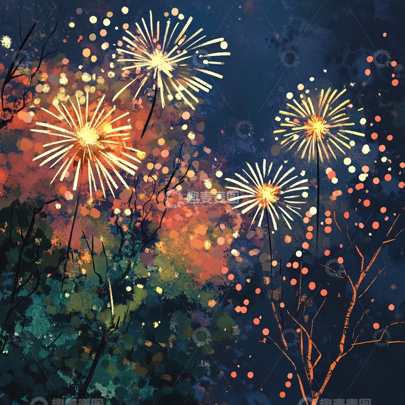 高清大图下载【趣麦麦图】赏烟花插画1