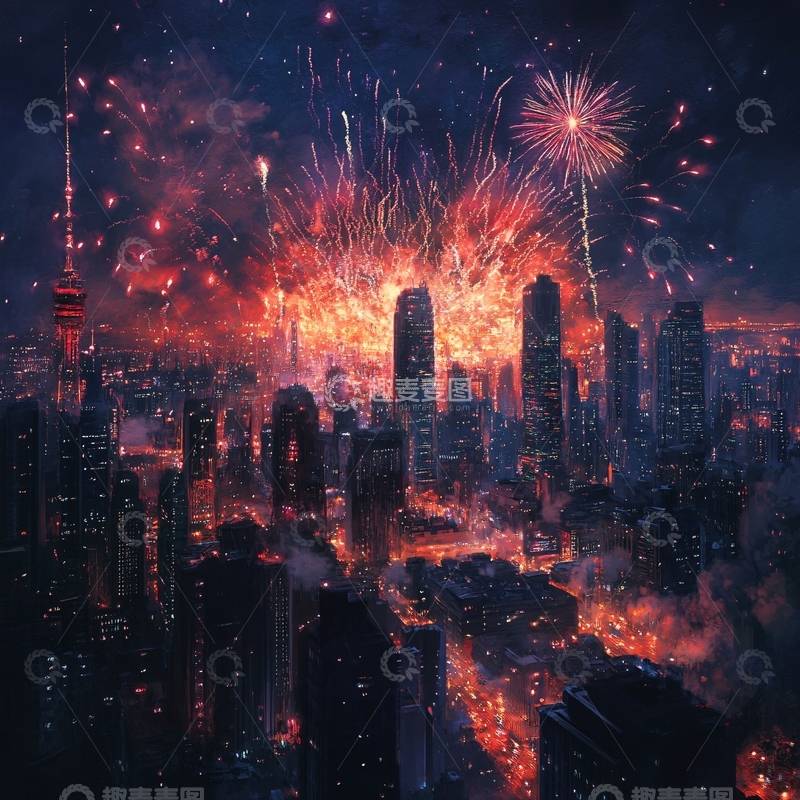 高清大图下载【趣麦麦图】城市烟花夜景1