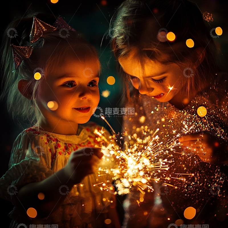 高清大图下载【趣麦麦图】放烟花的小女孩1