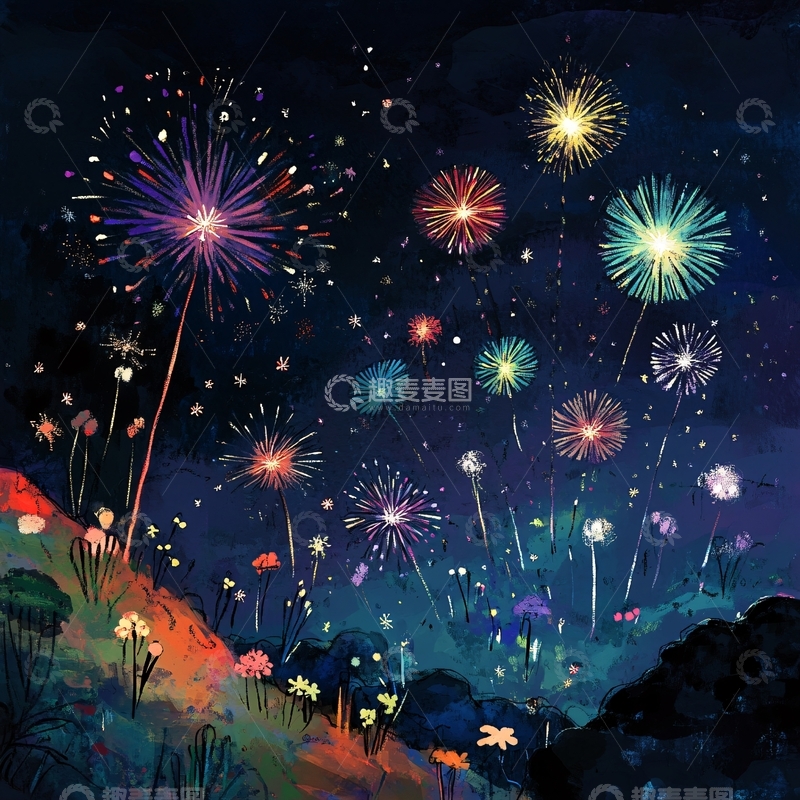 高清大图下载【趣麦麦图】赏烟花插画2