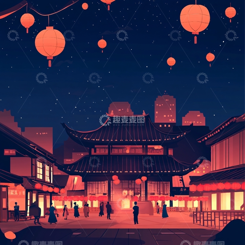 高清大图下载【趣麦麦图】金陵小镇插画