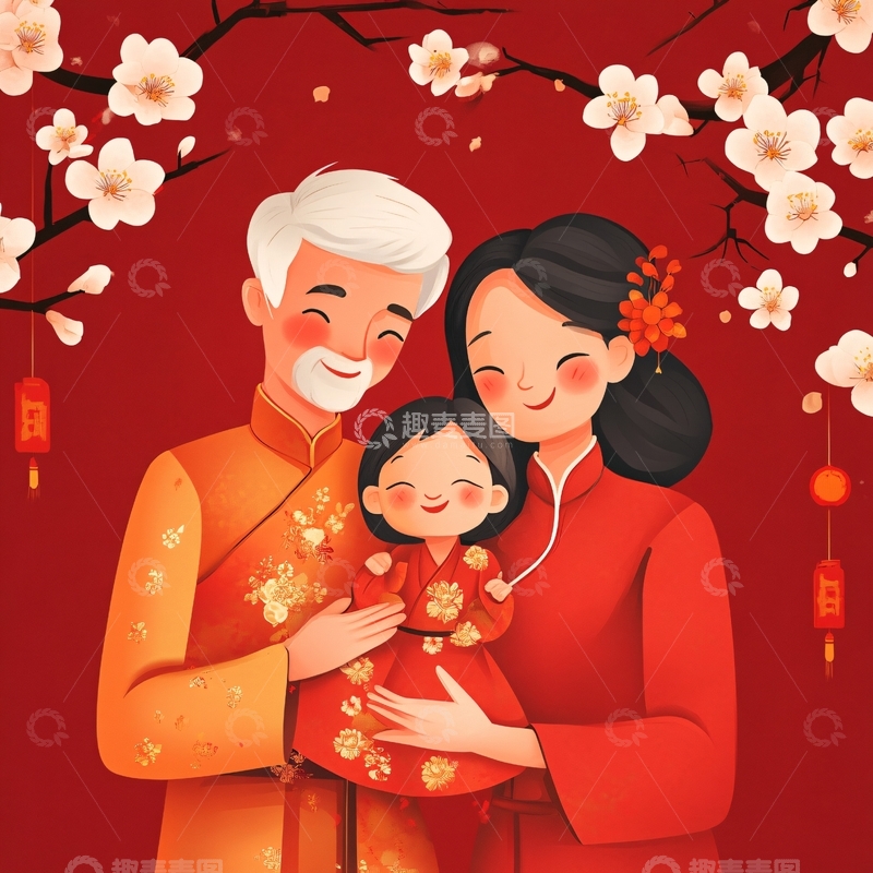 高清大图下载【趣麦麦图】全家福过年插画2
