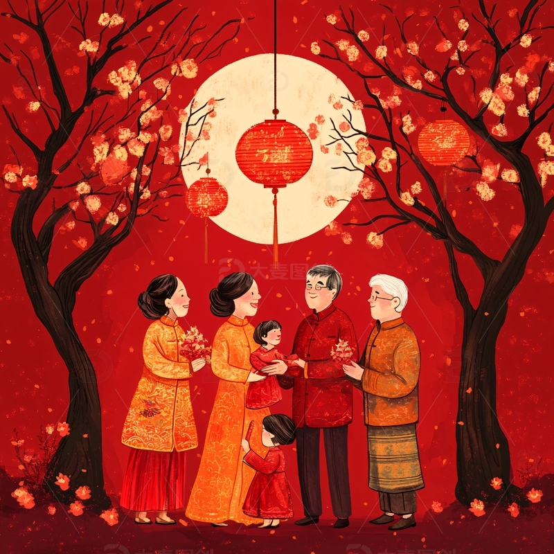 高清大图下载【趣麦麦图】全家福过年插画3