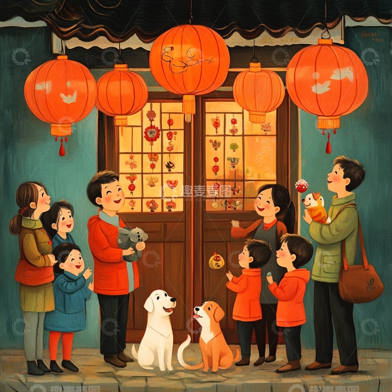 高清大图下载【趣麦麦图】过年场景插画