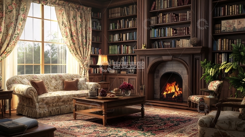 高清大图下载【趣麦麦图】壁炉书柜书刊书橱1