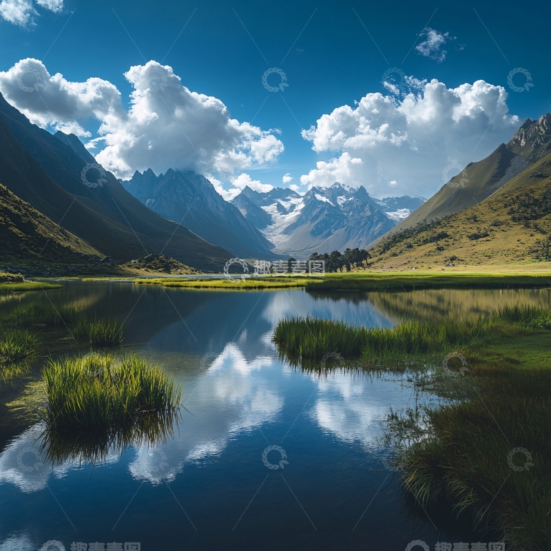 高清大图下载【趣麦麦图】蓝天白云雪山草地湖泊