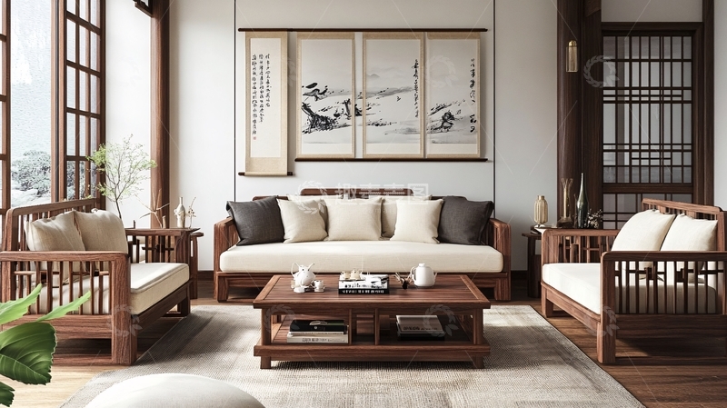 高清大图下载【趣麦麦图】中式客厅实木套组