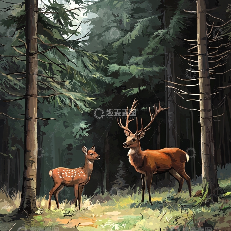 高清大图下载【趣麦麦图】鹿包装插画2
