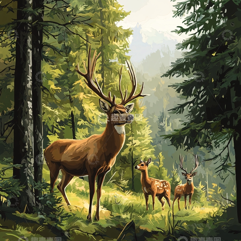 高清大图下载【趣麦麦图】北欧森林麋鹿风景画1