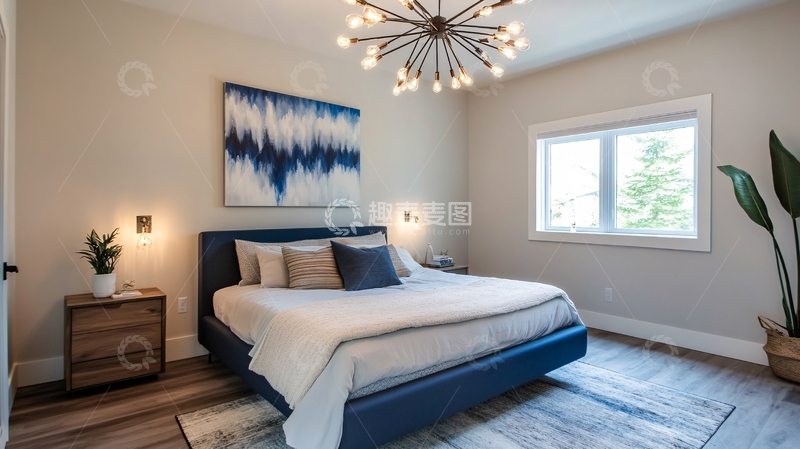 高清大图下载【趣麦麦图】蓝色床铺木质床头