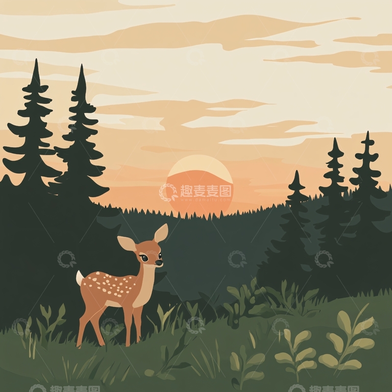 高清大图下载【趣麦麦图】林间小鹿晨光