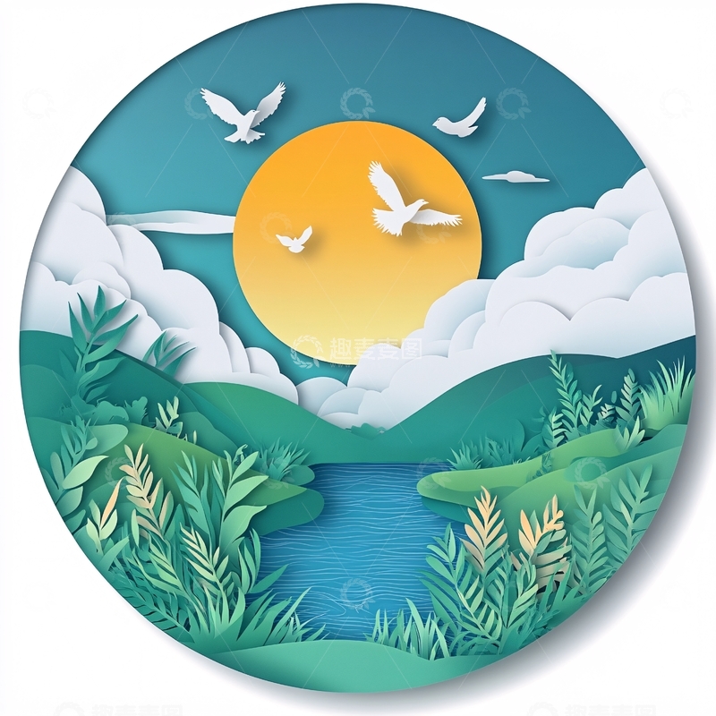 高清大图下载【趣麦麦图】山水圆形插画