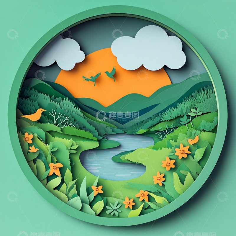 高清大图下载【趣麦麦图】山水圆形插画3