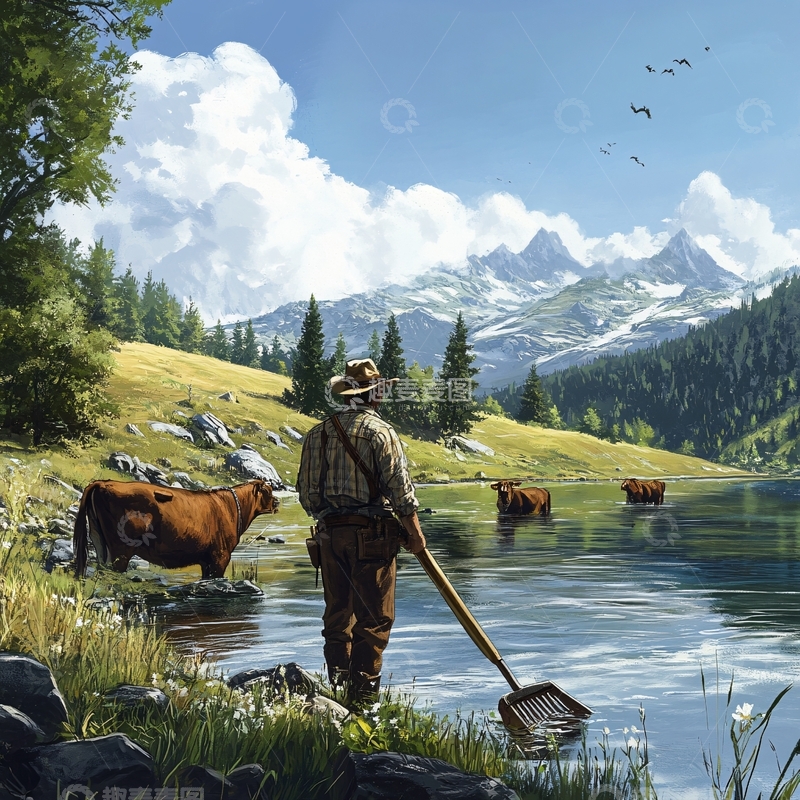 高清大图下载【趣麦麦图】农民放牛场景