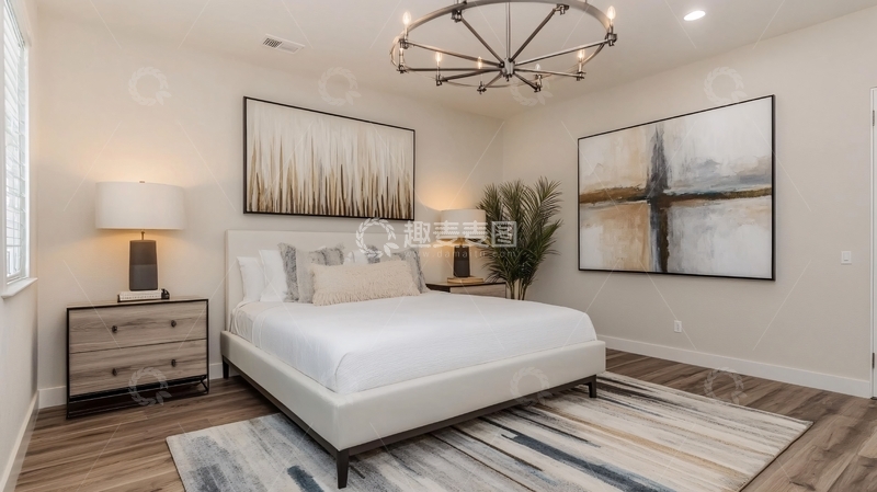 高清大图下载【趣麦麦图】白色床与木地板