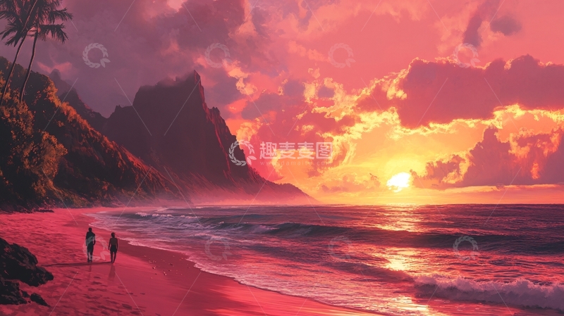 高清大图下载【趣麦麦图】唯美海岸风景插画32