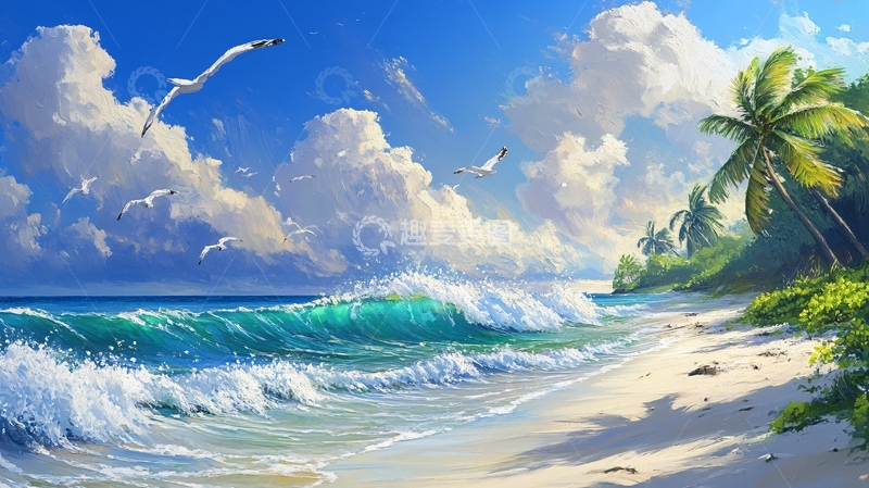 高清大图下载【趣麦麦图】唯美海岸风景插画34