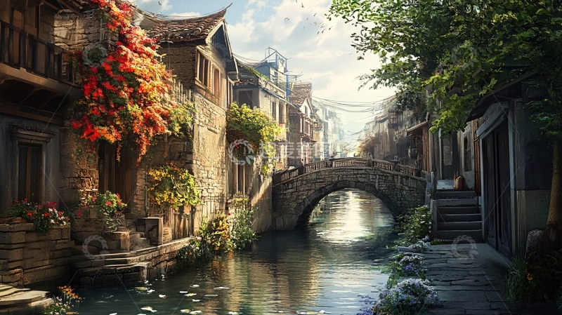 高清大图下载【趣麦麦图】写实古镇插画1