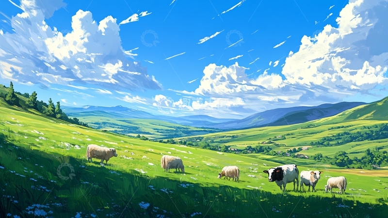 高清大图下载【趣麦麦图】草原羊群插画1
