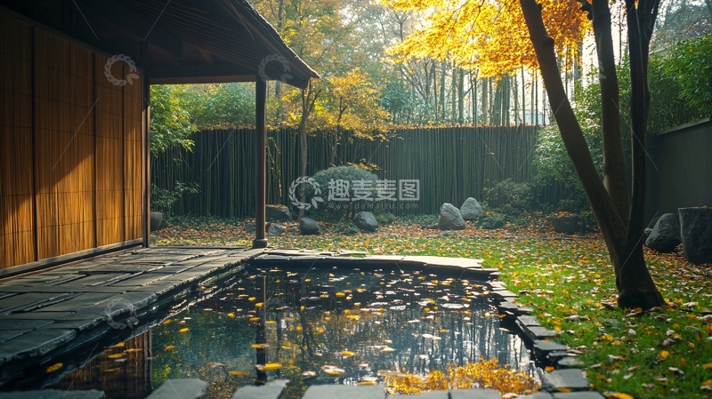 高清大图下载【趣麦麦图】竹林小桥秋叶