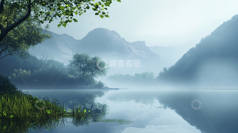 高清大图下载【趣麦麦图】雨后朦胧山水禅意画2