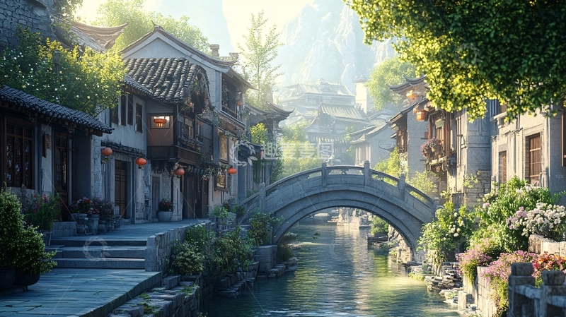 高清大图下载【趣麦麦图】写实古镇插画2