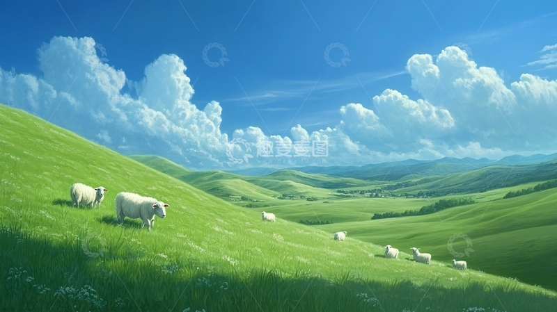 高清大图下载【趣麦麦图】蓝天白云绿草地羊群1
