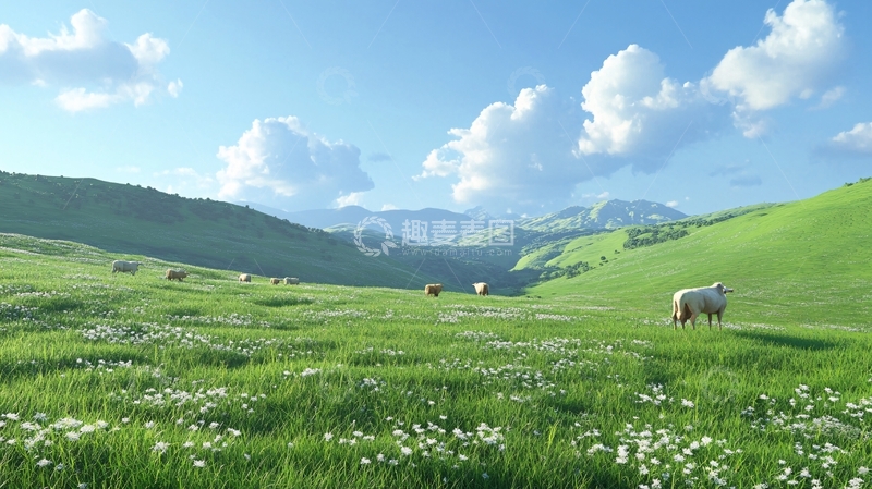 高清大图下载【趣麦麦图】夏季牧场草场羊群野花