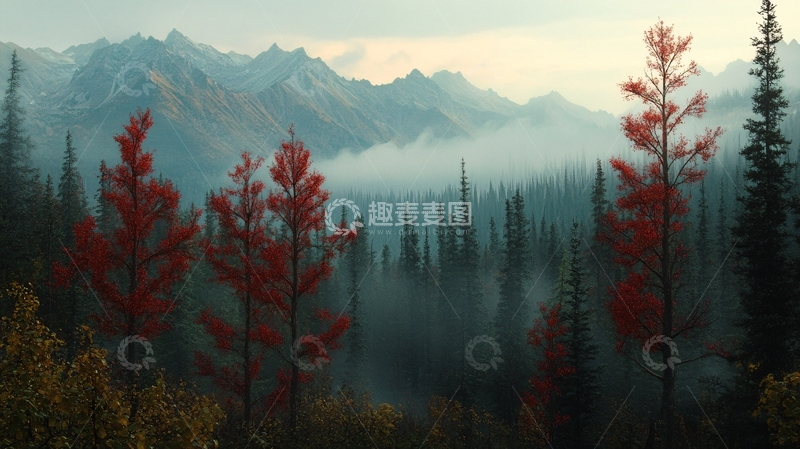 高清大图下载【趣麦麦图】雾中红杉树