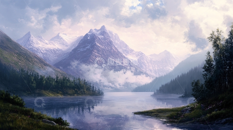 高清大图下载【趣麦麦图】湖畔晨雾山间行