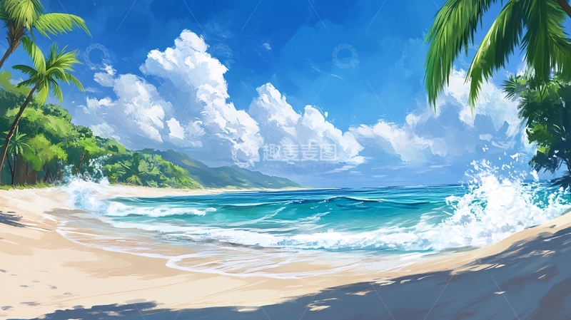 高清大图下载【趣麦麦图】海滩唯美插画3