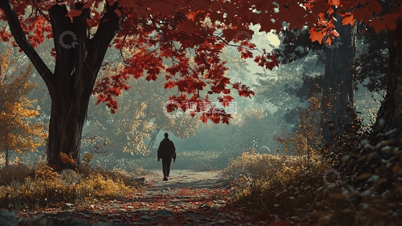 高清大图下载【趣麦麦图】金色树叶小路落叶行人14