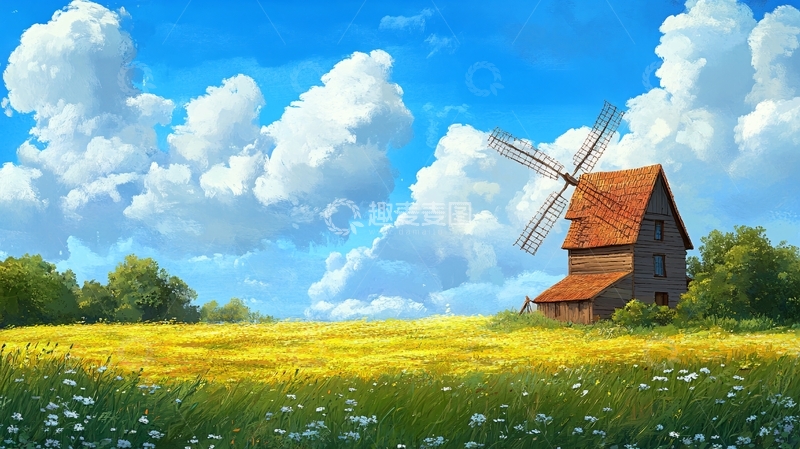 高清大图下载【趣麦麦图】蓝天白云风车草地4