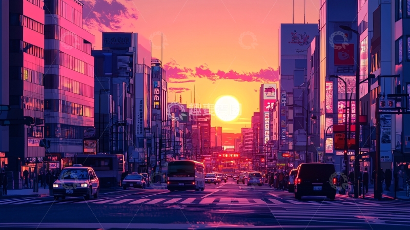 高清大图下载【趣麦麦图】日落街道插画8