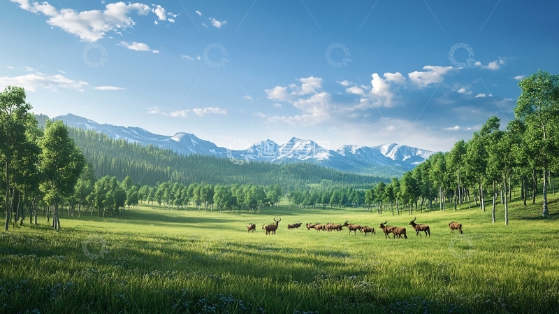 高清大图下载【趣麦麦图】森林草原牧场草场牛马1