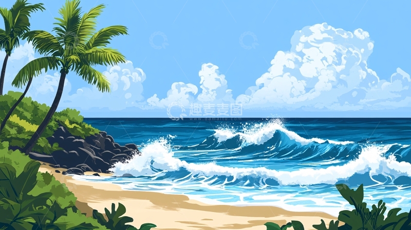 高清大图下载【趣麦麦图】海边风景插画2