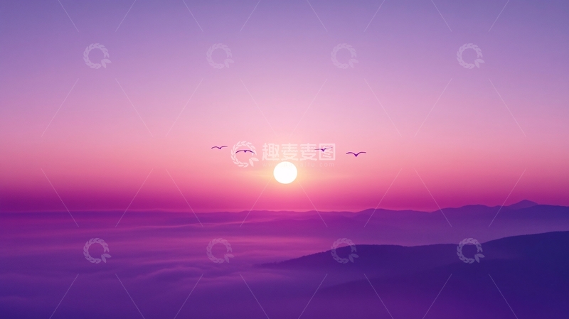高清大图下载【趣麦麦图】日出飞鸟太阳红日群山1