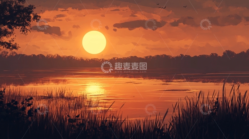 高清大图下载【趣麦麦图】插画夜景湖泊4
