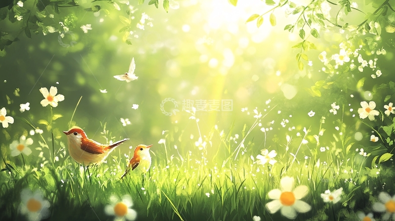 高清大图下载【趣麦麦图】草地鲜花小鸟动物2